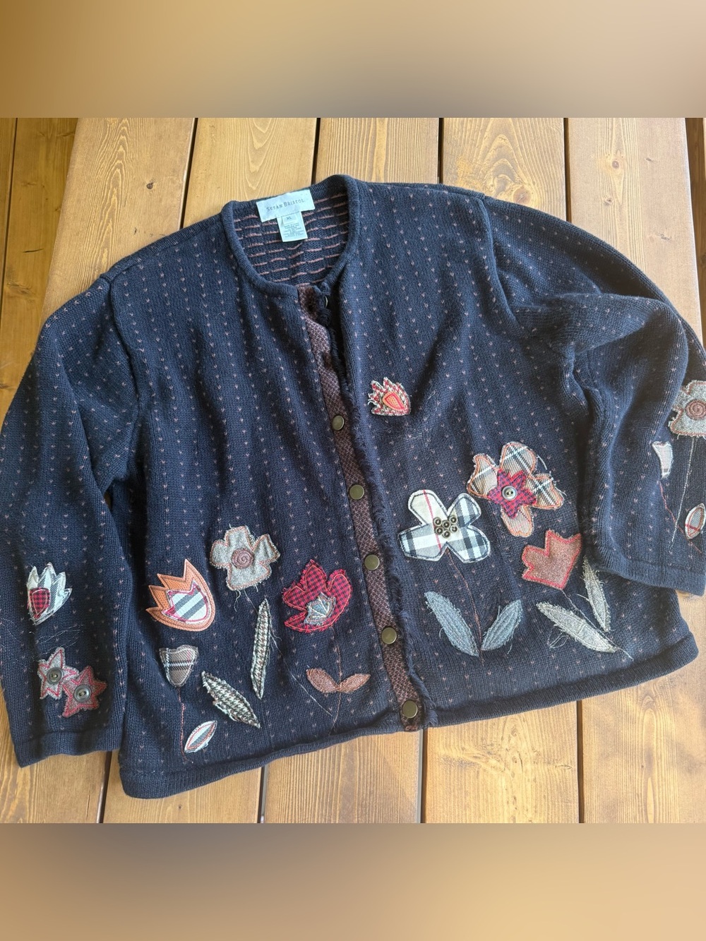 Susan Bristol XL Embroidered Floral Cardigan Navy Boho Cottagecore Artsy Knit